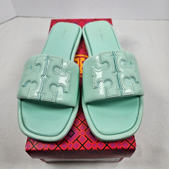 Tory Burch Double T Sport Slide Caribbean Mist Green Patent Leather 141380 8.5 - Picture 2 of 7